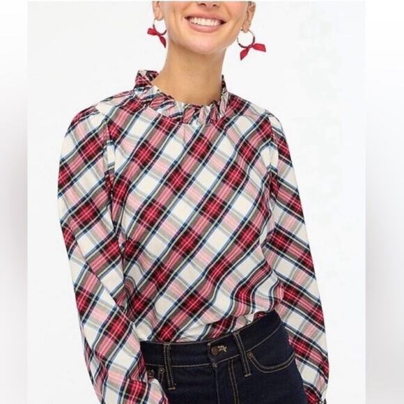 J.Crew Cotton-blend poplin ruffleneck top - Picture 1 of 8